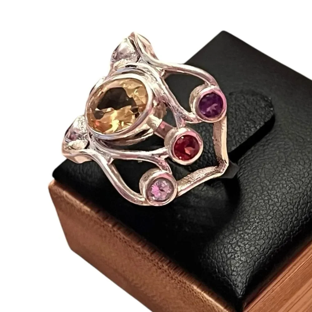 Stunning Sterling Silver Ring With Citrine Blue Topaz Garnet Amethyst Size 7